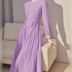 Elegant Purple Striped Floor Length Dress With Pleated Design And Long Sleeves For Women