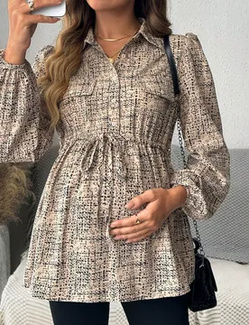 Blusa de manga farol con detalle de solapa y cintura con cordón, blusa de manga larga para embarazadas y madres lactantes, otoño, para maternidad M - Shein - FashionsVida