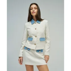Chaqueta de mujer en tweed con detalles en denim