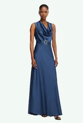 Abito in raso con cintura donna blu brillante