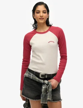 Superdry Damen Langärmeliges, Geripptes Essential Baseball-oberteil mit Logo Weiß - Größe: 40 - 39.99 - FashionsVida