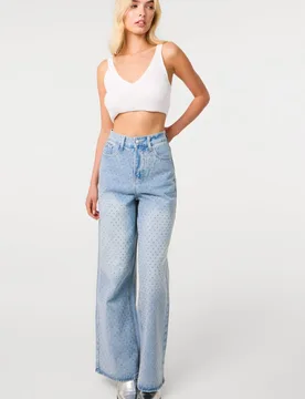 Women's Light Blue All Over Stud Wide Leg Jeans Size: 14 - Light Blue - Size: 14 - Pink Vanilla - FashionsVida