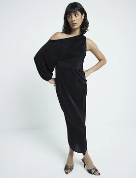 Womens Midi Bodycon Dress Black Plisse Asymmetric - Size 10 Uk - River Island - FashionsVida