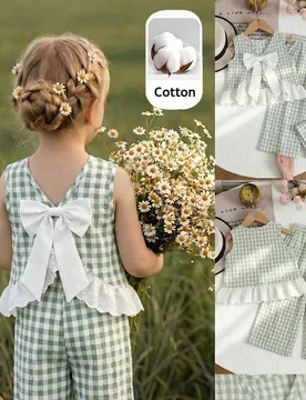 Conjunto de 2 piezas para niña joven con top de tirantes casual de cuello redondo con estampado de cuadros y pantalones largos - Shein - FashionsVida