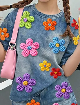 Conjunto de 2 piezas para niña preadolescente, camiseta de cuello redondo y manga corta con estampado floral ditsy texturizado, estilo dulce crema, f - Shein - FashionsVida
