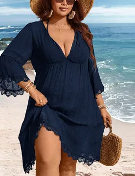 Cubrecuerpo con escote de pico, encaje y mangas acampanadas en tallas grandes 2XL - Shein - FashionsVida
