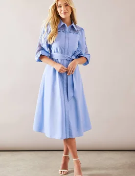 Women's Petite Occasion Cotton Cutwork Detail Shirt Dress in Blue Size: 16 - Blue - Size: 16 - Wallis - FashionsVida