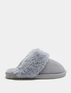 Suede Faux Fur Trim Mule Slippers Pale Blue female - M&S - FashionsVida