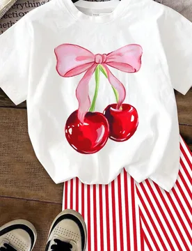 Conjunto informal de 2 piezas de top de manga corta con estampado de lazos y cerezas y pantalones cortos a rayas para niñas preadolescentes, adecuado - Shein - FashionsVida