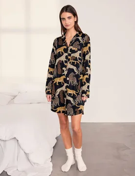 Jersey Leopard Print Revere Nightshirt Navy female - Chelsea Peers - FashionsVida
