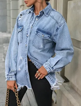 Chaqueta de mezclilla con botones y desgarros de manga larga, uso casual diario L - Shein - FashionsVida