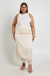 Womens Plus Satin Lace Trim Midaxi Skirt - White - Size 16 Uk