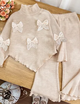 Conjunto de camiseta casual nuevo para niñas jóvenes en otoño/invierno, diseño con lazo 3D color albaricoque en el frente, top de manga larga de c - Shein - FashionsVida