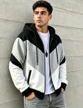 Chaqueta con capucha y cremallera para hombre, sudadera casual de manga larga con capucha con cordón, diseño de bloques de color y patchwork, frente - Shein - FashionsVida