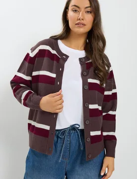 Women's Stripe Cardigan Sweater in Chocolate Size: 14-16 - Chocolate - Size: 14-16 - Yours - FashionsVida