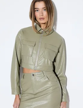 Womens Woven Detail Faux Leather Jacket - Green - Size 10 Uk - misspap - FashionsVida