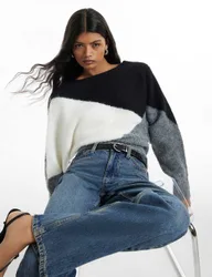 Colour Block Slash Neck Batwing Sleeve Jumper Black Mix female