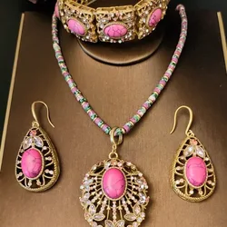 Vintage Ruby Copper Plated Real Gold Necklace Earrings Bracelet Jewelry Set,Natural stone Necklace Bangle Earrings for Women
