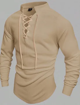Camiseta de punto casual de manga larga con cuello alto y cordones, unicolor, para hombre, primavera/verano, para otoño, vacaciones, regalos del Día - Shein - FashionsVida