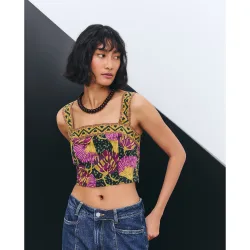 Blusa de mujer sin mangas con escote cuadrado cenefas