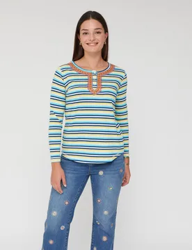 Camiseta de mujer rayas bordado en cuello - October - FashionsVida