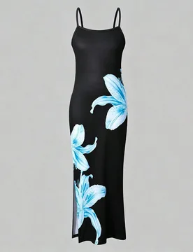 Vestido largo sin mangas para niñas en verano, con estampado de frutas coloridas y un toque alegre, silueta ajustada con abertura lateral en el bajo, - Shein - FashionsVida