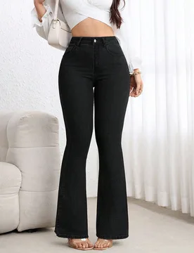 Jeans casuales versátiles simples ajustados con pierna acampanada, para mujeres petite Petite XS - Shein - FashionsVida
