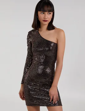 Women's One Shoulder Ruched Sleeve Sparkle Dress in Rose Gold Size: 12 - Rose Gold - Size: 12 - Pink Vanilla - FashionsVida