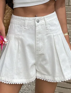 Shorts vaqueros de mujer con volantes plisados en el bajo, estilo lindo y casual S - Shein - FashionsVida