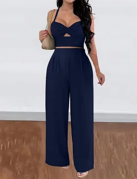 Conjunto informal y sexy de 2 piezas con pantalón ancho de pierna suelta, tirantes con lazo y espalda retorcida, para vacaciones, talla grande 2XL - Shein - FashionsVida