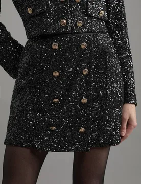 Women's Petite Sequin Tailored Wrap Over Mini Skirt in Black Size: 4 - Black - Size: 4 - Karen millen - FashionsVida