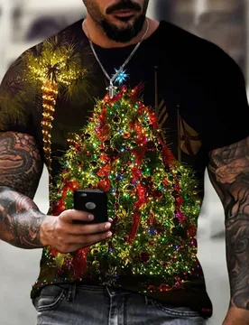 The men's T-shirt features a 3D-patterned Santa Claus costume, with elements such as Christmas trees, snowmen, festive atmospher - Aliexpress - FashionsVida