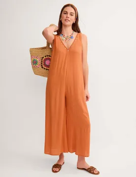 Textured V-Neck Sleeveless Relaxed Jumpsuit Orange Mix female - Monsoon - FashionsVida