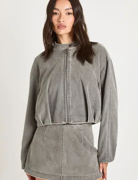 Womens Vintage Look Faux Suede Bubble Hem Bomber Jacket - Grey - Size 14 Uk - Boohoo - FashionsVida
