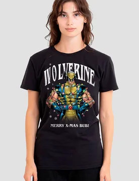 Women's Wolverine Merry Xmas Bub T-Shirt, Black Size: Medium - Black - Size: M - Marvel - FashionsVida