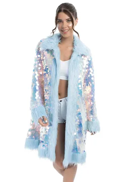 Wendemantel mit Pailletten und Kunstfell für Erwachsene blau - CHAKS - FashionsVida