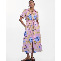 Vestido midi satinado camisero print flores