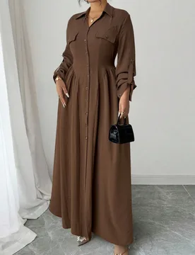 Vestido de manga larga estilo francés casual elegante para mujer talla grande, otoño/invierno, formal de oficina, marrón chocolate 4XL - Shein - FashionsVida