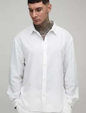 Herren Tall Übergroßes Langarm-Hemd Aus Leinen-Mischgewebe White Größe XL - boohooMAN - FashionsVida