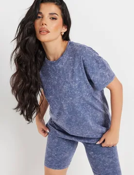 Women's Petite Acid Wash T-Shirt & Cycling Short Co-Ord in Blue Size: 8 - Blue - Size: 8 - PixieGirl - FashionsVida