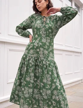 Women's Floral Keyhole Tie Midi Dress in Green Size: 14 - Green - Size: 14 - Roman - FashionsVida