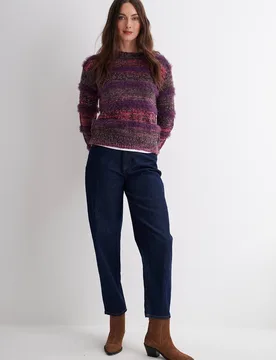 Women's Feather Knit Stripe Detail Jumper in Purple Size: Medium - Purple - Size: M - Klass. - FashionsVida