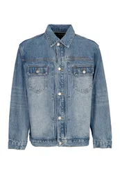 Giubbotto Jeans Uomo Script Logo Denim Jacket Mid Wash Blue