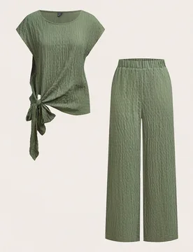 Conjunto de 2 piezas de camisa de mujer con lazo y pantalones de pierna recta suelta en crepé de burbuja a cuadros verde oliva, adecuado para vacacio - Shein - FashionsVida