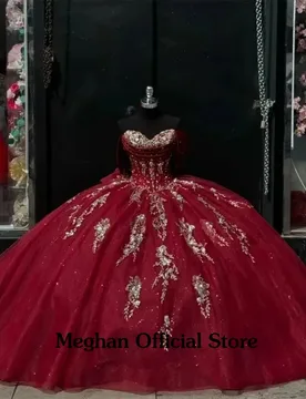 Glittering Burgundy Quinceanera Dresses With Bow Gold Lace Birthday Party Sweetheart Princess Vestidos De 15 Anos - Aliexpress - FashionsVida