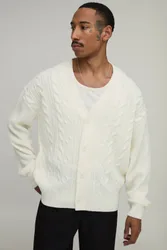 Herren Locker Geschnittene Zopfmuster-Strickjacke Ecru Größe Large