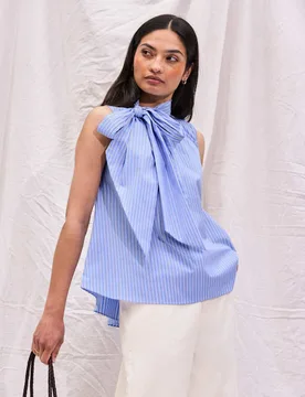 Cotton Rich Striped Tie Neck Bow Blouse Light Blue Mix female - RO&ZO - FashionsVida