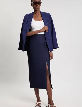 Women's Petite Tailored Satin Midi Pencil Skirt in Navy Size: 12 - Navy - Size: 12 - Karen millen - FashionsVida