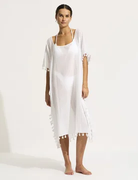Amnesia Pure Cotton Tassel Trim Kaftan Beach Dress White female - Seafolly - FashionsVida