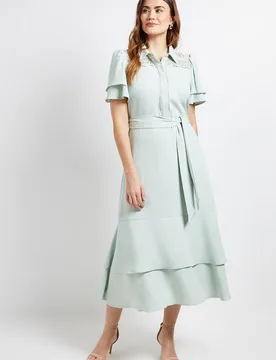 Women's Lace Insert Ruffle Sleeve Midi Dress in Mint Size: 12 - Mint - Size: 12 - Wallis - FashionsVida
